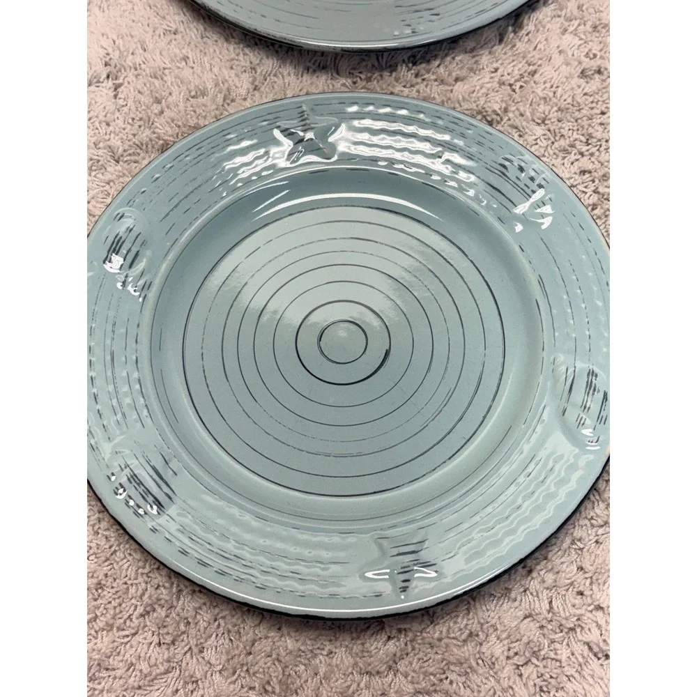 Pfaltzgraff Trellis Coastal Teal Salad Plates Set of 4 Starfish Shells 8.25in
